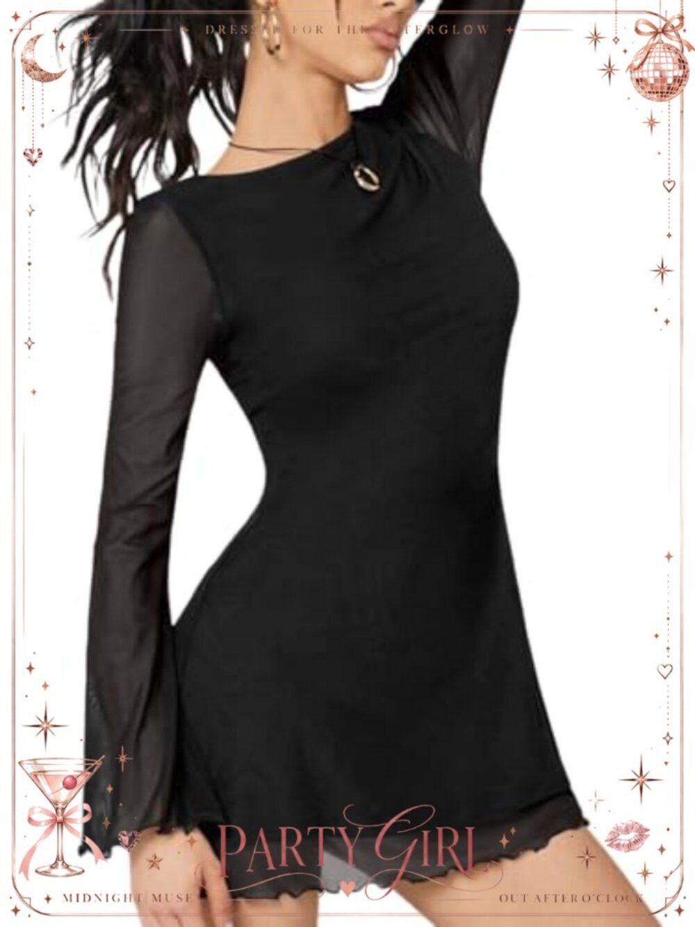Women's Boat Neck Bell Sleeve Mini Dress Sheer Mesh Party Club Night Out